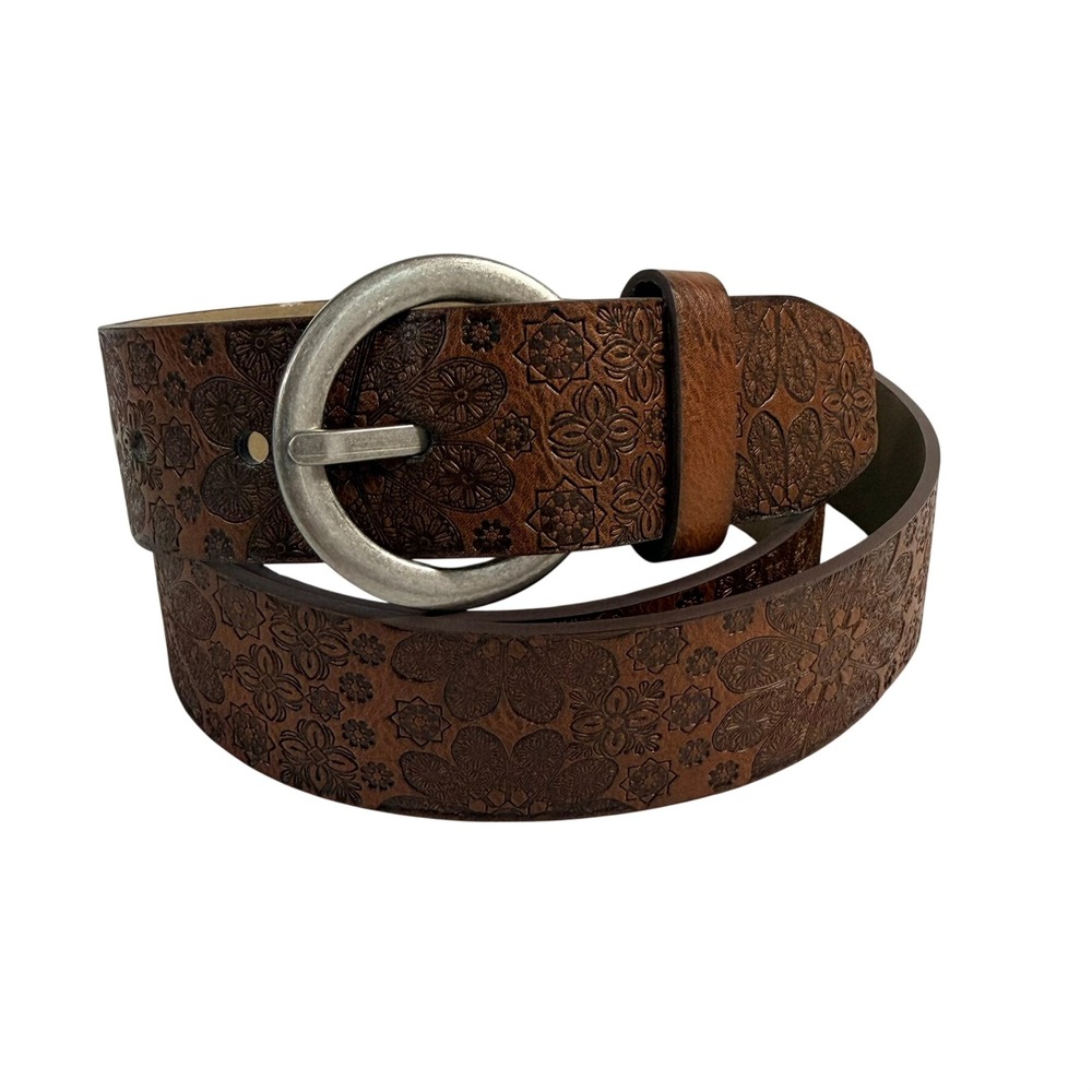 Relic Women Belt 2X Brown Embossed Floral Silver Buckle Western Boho Rustic Plus